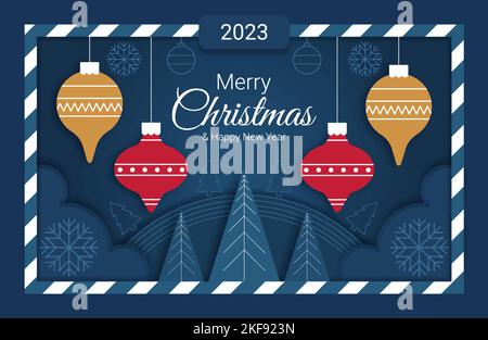 inscription Merry Christmas and Happy New Year Christmas banner with Christmas tree toys and snowflakes in paper cut technique Stock Vector