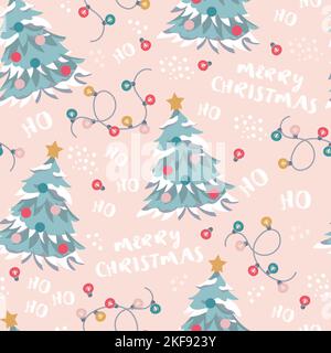 Seamless christmas pattern christmas tree and inscription merry christmas Stock Vector