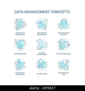 Data management turquoise concept icons set Stock Vector