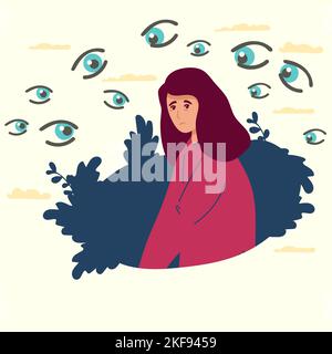 Panic of chase and Inner fears concept. Young stressed woman standing feeling invisible eyes around her feeling panic and nervous problems vector illu Stock Vector
