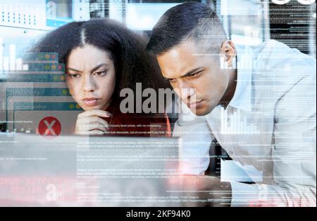 Hacker, overlay or programmer with futuristic data in server for cybersecurity, 404 network glitch or data analysis. IT, teamwork or developer for ux Stock Photo