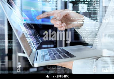 3d, futuristic and cloud laptop hands of expert working on update with projection and overlay. Tech, digital and professional it employee busy with Stock Photo