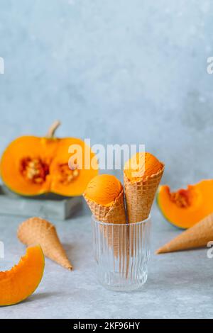 Bourbon pumpkin ice cream. Fall dessert. Healthy vegan organic dessert. Stock Photo