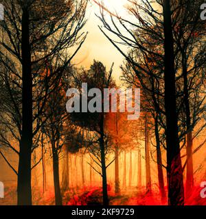 France, Paris on 2022-11-06. Digital illustration of a mega forest fire caused by the drought and heatwave generated by climate change. Image created Stock Photo