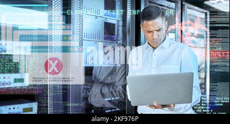Overlay, futuristic or programmer with laptop in server room for 404 computer glitch, cybersecurity or software analytics. Digital coding, hacker or Stock Photo