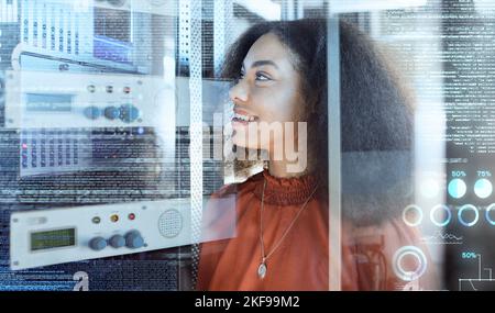Overlay, data center and black woman doing maintenance in a server room for information technology, cybersecurity and network. Happy It technician at Stock Photo