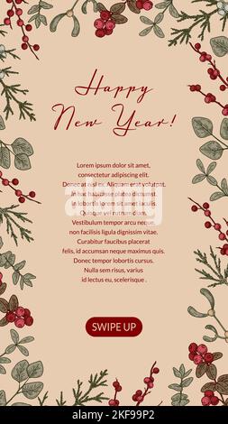 Merry Christmas and Happy New Year vertical greeting card with hand drawn holly berries and mistletoe brunch. Social media stories template. Stock Vector