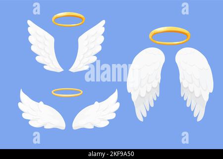Set Angel wings white with halo, nimbus in cartoon style isolated on blue background, collection design element for decoration. Vector illustration Stock Vector