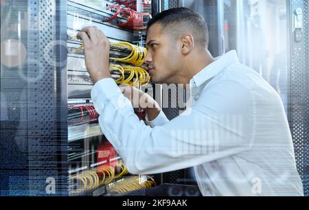 Data center, IT technician and man in server room for 404 error, glitch and cybersecurity with cables for motherboard maintenance and assessment Stock Photo