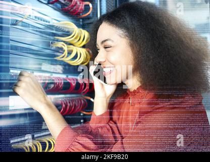 Server, engineer and phone call in data center with futuristic overlay for cloud computing, maintenance and big data. Tech, cyber security and Stock Photo