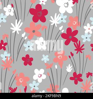Seamless floral pattern based on traditional folk art ornaments. Colorful flowers on color background. Scandinavian style. Sweden nordic style. Vector Stock Vector