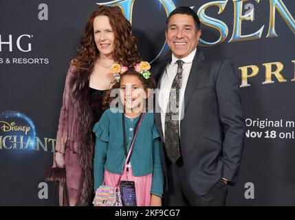 Los Angeles, USA. 16th Nov, 2022. (L-R) Ursula Whittaker, August Luce Nuñez and Oscar Nuñez at the Disney's DISENCHANTED Premiere held at the El Capitan Theater in Hollywood, CA on Wednesday, ?November 16, 2022. (Photo By Sthanlee B. Mirador/Sipa USA) Credit: Sipa USA/Alamy Live News Stock Photo