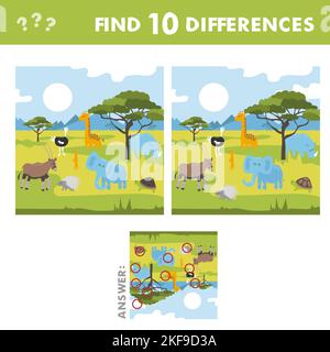Find ten differences. African savannah cartoon animals. Children ...