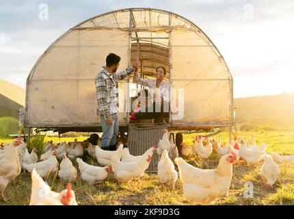 Chicken farmer, countryside farm and sustainable agriculture livestock farming for healthy egg harvest sustainability. Modern couple in nature, animal Stock Photo