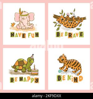 ANIMAL CARD SET Cute Cartoon Circus Zoo Jungle Savannah Africa Hand Drawn Vector Illustration For Print Stock Vector