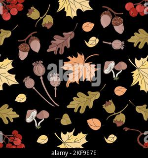 ASHBERRY LANDSCAPE Nature Forest Autumn Fall Season Black Seamless Pattern Vector Illustration For Print Stock Vector