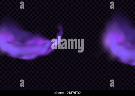 Purple flows poisonous gas, dust and smoke effect.Realistic scary mystical clouds fog in night Halloween.Vector set. Stock Vector