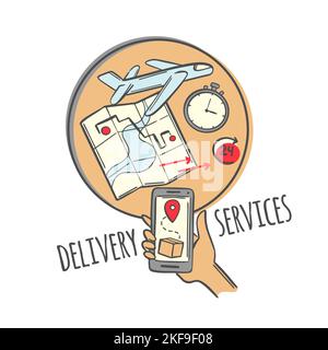 AVIA DELIVERY Schematic Representation Of Fast Delivery Service Operation Principle Order By Smartphone In Hand In Short Time To Place Of Destination Stock Vector