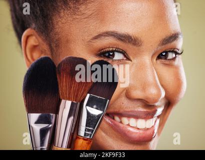 Cosmetic glow, makeup brush on face and black woman with skincare in  studio, cosmetics tool. Skin care, blush and foundation, African beauty  model Stock Photo - Alamy