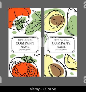 AVOCADO TOMATO LABELS Design Of Stickers For Shop Of Organic Fresh Natural Fruits And Vegetables Dessert Drink Products In Sketch Style Vector Illustr Stock Vector