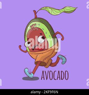 AVOCADO ON THE RUN Sport Tropical Fruit Health Nutrition Paleo Keto Vegetarian Diet Botanic Nature Hand Drawn Cartoon Vector Illustration For Print Stock Vector
