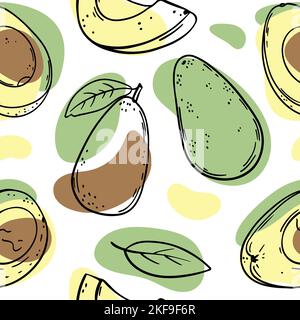 AVOCADO PATTERN Abstract Delicious Tropical Fruit Whole And In Half Slices With Leaves For Paleo Diet In Sketch Style Seamless Background Vector Illus Stock Vector