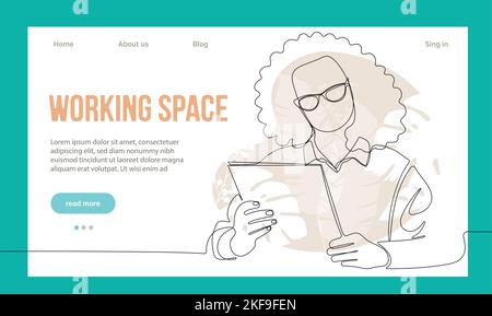 Coworking Space Landing Page Cartoon Template. Freelancers Team Working Online on Laptop. Business People Sharing Open Workspace. Outline Vector Illustration Stock Vector