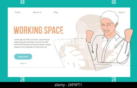 Coworking Space Landing Page Cartoon Template. Freelancers Team Working Online on Laptop. Business People Sharing Open Workspace. Outline Vector Illustration Stock Vector