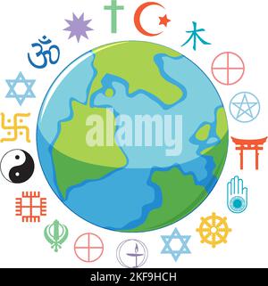 Religious symbols around earth planet illustration Stock Vector