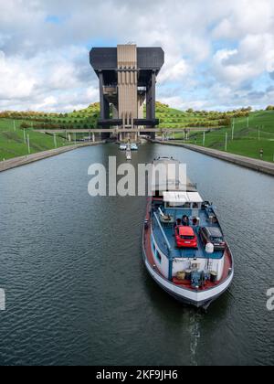 barge near ship elevator of strepy-thieu in canal between brussels and charleroi in belgium Stock Photo