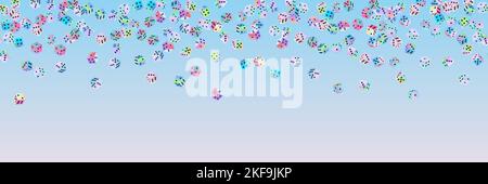 Gambling dice. Seamless pattern of polyhedral game cubes in gradient color with black dots fall down. To play in casino, roll dice from one to six poi Stock Vector