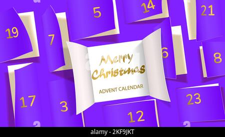 Christmas advent calendar door opening. Realistic an open wide doors with gold lettering on purple background. Template to reveal a message. Merry Chr Stock Vector