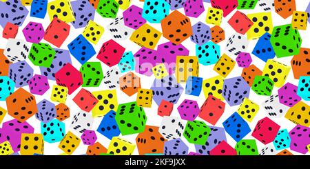 Gambling game dice. Seamless pattern of polyhedral gaming color dice cubes with black dots on white. Object to play in casino, dice from one to six do Stock Vector