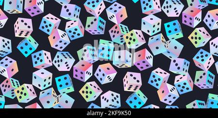 Gambling dice. Seamless pattern of polyhedral game cubes in gradient color with black dots on black. To play in casino, roll dice from one to six poin Stock Vector