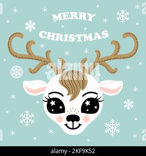 Lettering Merry Christmas. Winter theme with the head of a cute, cartoon deer. For the design of Christmas and New Year prints, posters, cards, invita Stock Vector