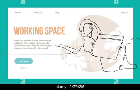 Coworking Space Landing Page Cartoon Template. Freelancers Team Working Online on Laptop. Business People Sharing Open Workspace. Outline Vector Illustration Stock Vector