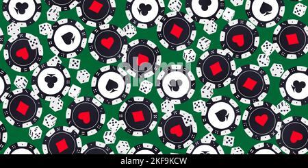 Seamless pattern of black white poker chips and white dice with black dot . Tokens with symbols of diamonds, clubs, hearts and spades. Vector design f Stock Vector