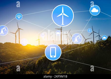 Renewable energy and Internet of Things. Smart green wind energy factory. Smart grid future concept. Stock Photo