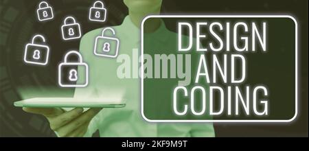 Hand writing sign Design And Coding. Business idea HTML and programming, Cross platform development website Stock Photo
