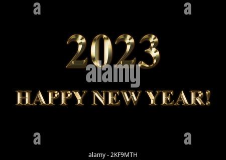 2023 Happy New Year, font isolated on black background. Gold text design. Dark greeting card, illustration with golden numbers and words. Congratulati Stock Photo