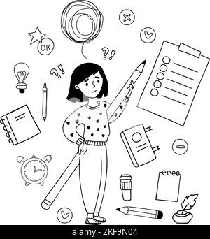 Vector educational doodles. Cute girl with large pencil, tangled thoughts bubble, to-do list, stationery, notebook, pen and book. Isolated linear hand Stock Vector