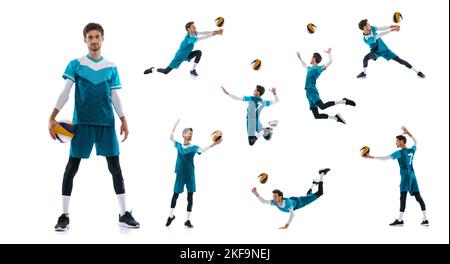 Collage of movements. Young man, volleyball player in motion, training, playing isolated over white background. Bumping ball in jump Stock Photo