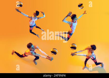 Collage. Young man, beach volleyball player in motion, training, playing isolated on yellow studio background in neon light Stock Photo