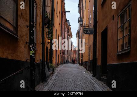 Stockholm, Sweden - Sept 2022: Narrow streets and colorful old buildings in Old town, Gamla stan Stock Photo