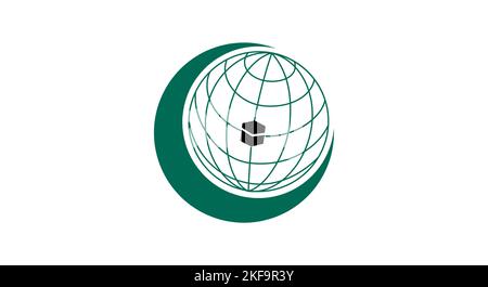 Flag of Organisation of Islamic Cooperation, Organisation of the Islamic Conference, OIC, green shade and globe, with the Kaaba at the center of the g Stock Vector