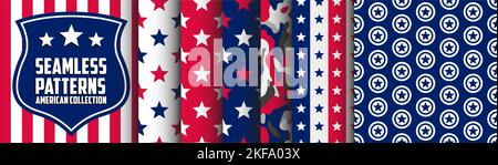 Seamless Patterns: American Collection. Stars and stripes made in USA. Set of 4th July designs. Graphics made for print and apparel. Labor backgrounds Stock Vector