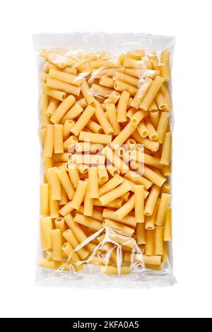 Penne pasta in plastic package isolated on white background. Stock Photo