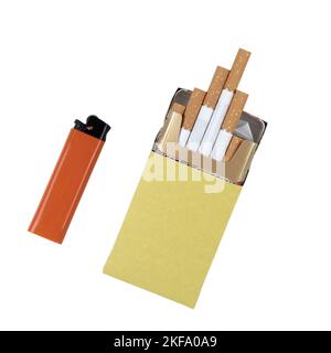 Yellow pack of cigarettes and orange plastic gas lighter isolated on white background with clipping path Stock Photo