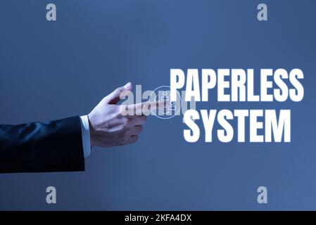 Text caption presenting Paperless System. Business approach storage or communication of information in electronic form Stock Photo