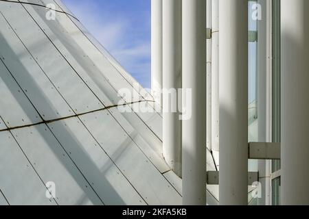 Fascinating play of light on the modern architectural exterior facade of the Philharmonie Luxembourg in Luxembourg City in the Kirchberg district. Stock Photo